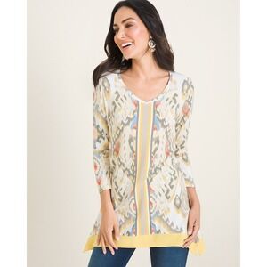 Chicos Zenergy Ikat Border Tunic Top Sz 1 (US M) Aztec 3/4 Sleeve V-Neck Comfort